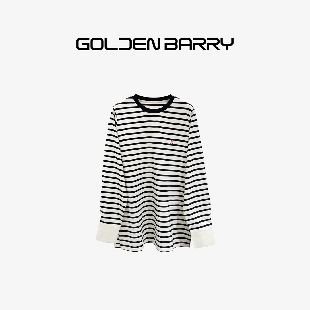 GOLDENBARRY| 202434长袖时尚百搭女士圆领休闲套头拼接条纹T恤