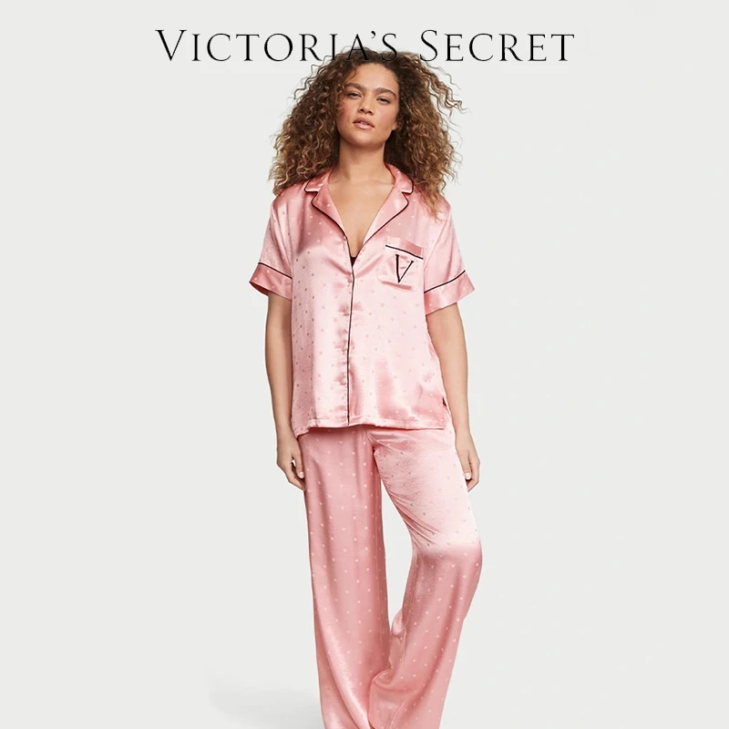 【维密·月光绸短袖睡衣套装】光滑缎面宽松舒适短袖长裤家居服女士