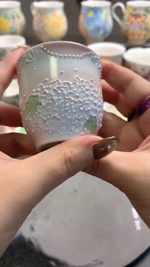 一味*手绘*粉绣球花品茗杯