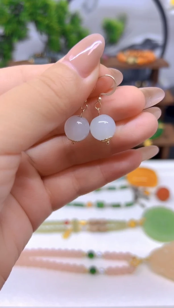 和田玉（白玉）14K金镶嵌耳饰E04