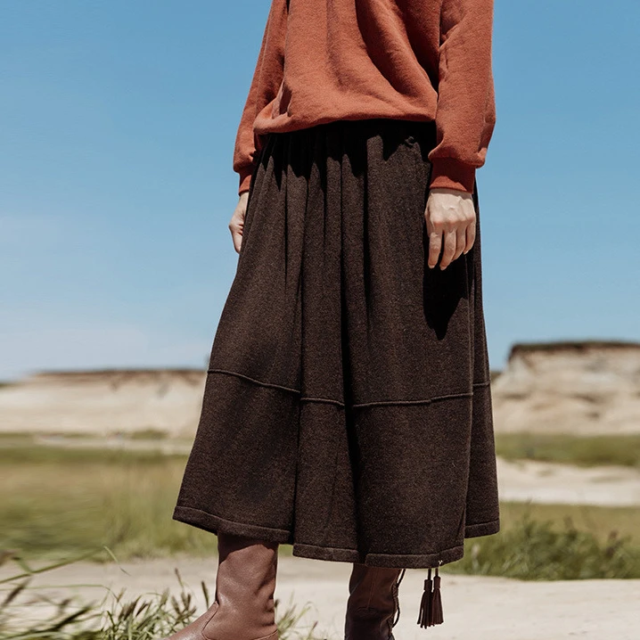 574朵/精纺羊毛花式纱松紧腰抽褶毛织中长款半身裙秋冬新款