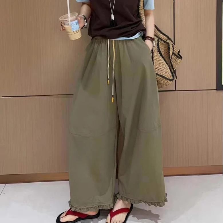 高端欧韩货~春秋松紧腰抽绳木耳边拼接九分裤宽松显瘦阔腿休闲裤