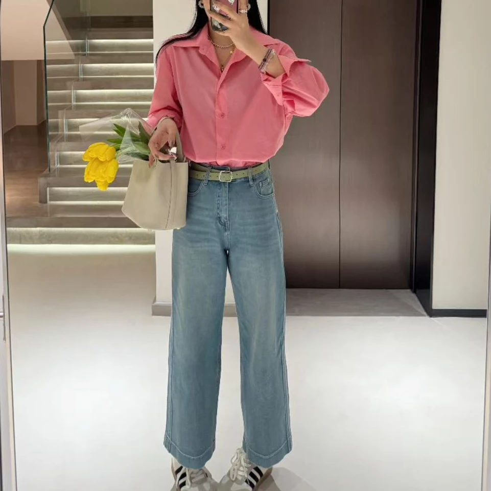 南瓜小姐 早春浅蓝色牛仔阔腿九分裤