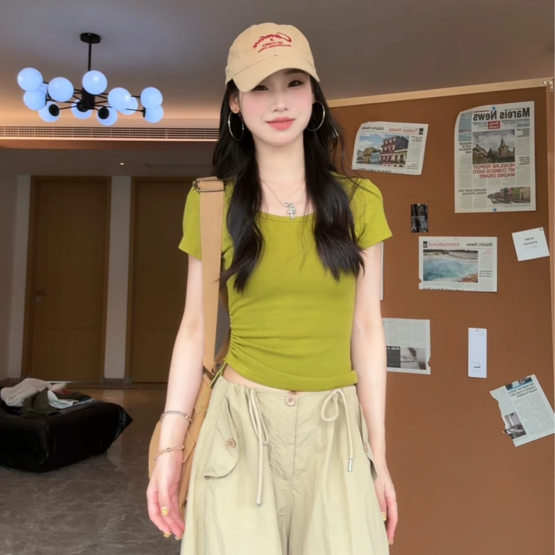 夏春茶高密棉纯欲辣妹U领T恤女侧抽绳设计感高弹2025新款上衣短袖