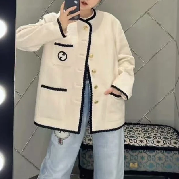 99新 GUCCI/古驰 38码米白色黑边金扣圆领长袖外套