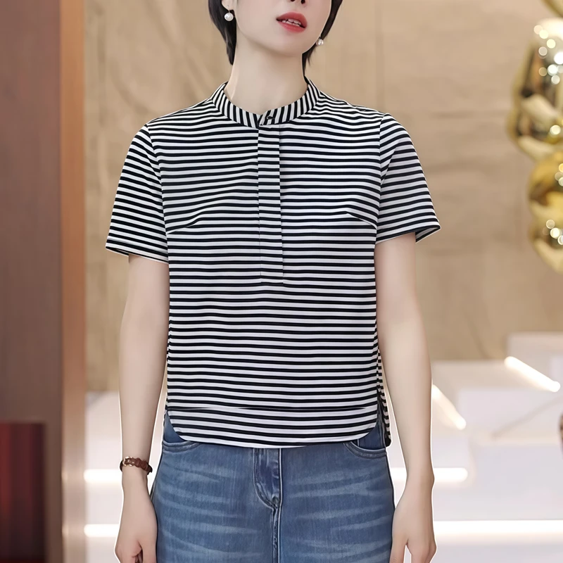【纯棉】洋气衣服女时尚圆领短袖T恤2025夏新款洋气撞色条纹上衣