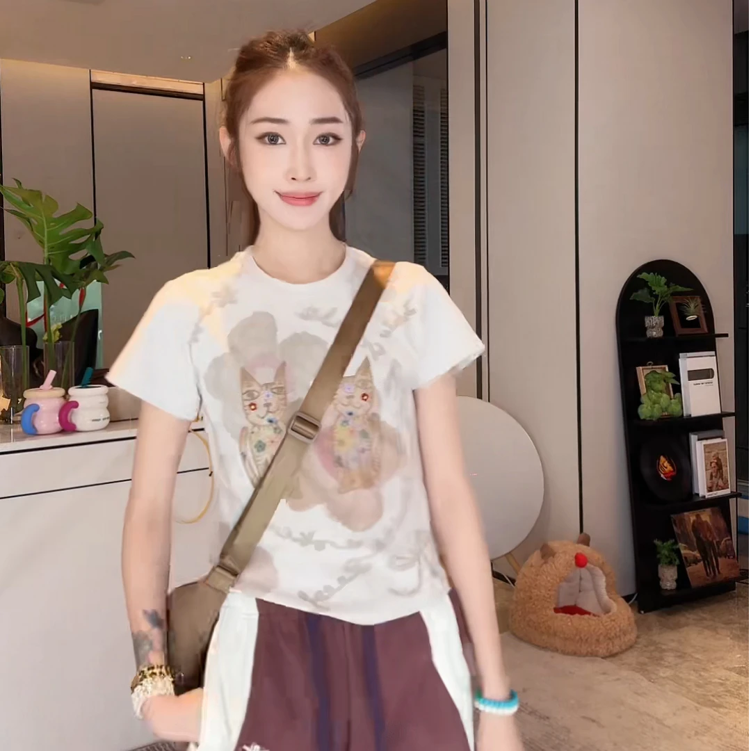 PCNY「法老猫咪」不理理夏季新款小众女装时尚趣味卡通印花短袖t恤