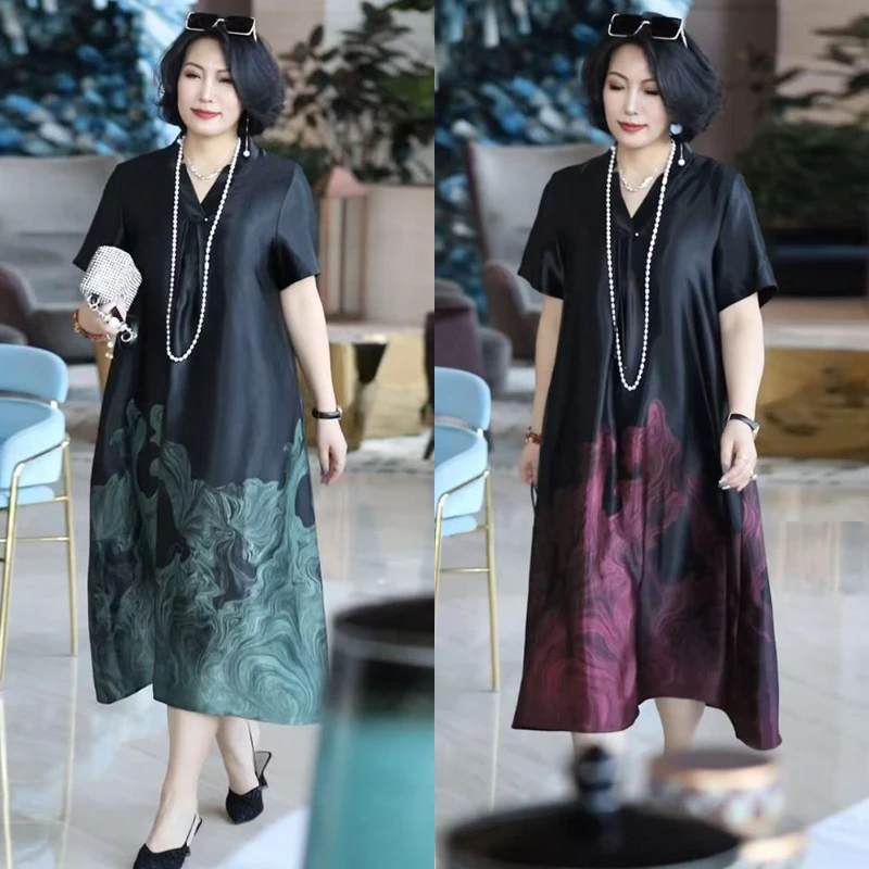 503夏季国风复古中年妈妈时尚气质连衣裙宽松大码200斤过膝长裙子