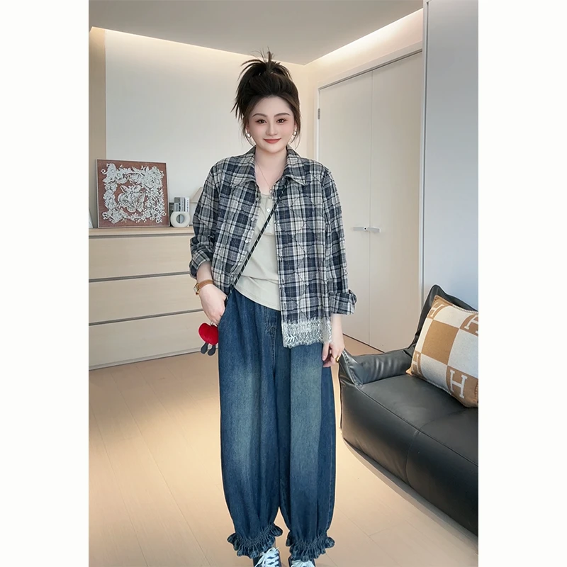 【胖佳佳】现货~风气伦敦 纯棉格子衬衫时尚蕾丝拼接小衫H625Z13406