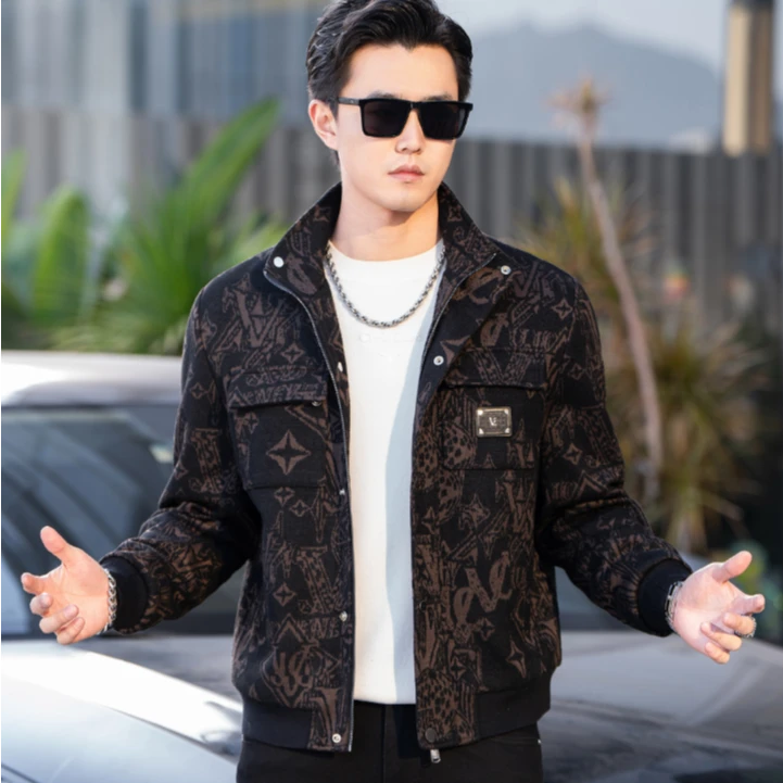2025男士冬季新款轻奢休闲潮流时尚百搭加厚款字母员夹克棉服外套