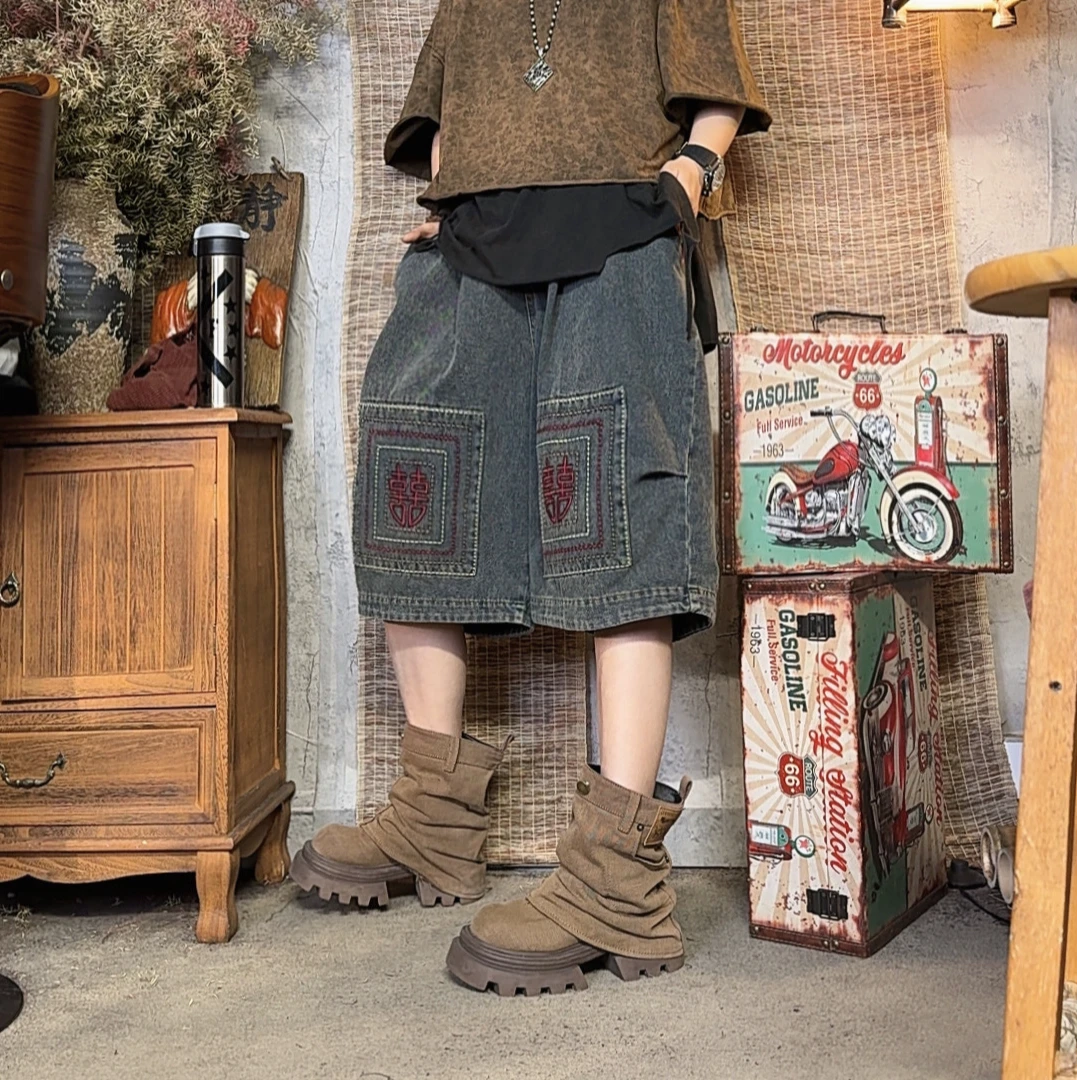 7766款夏季宽松复古洋气百搭潮流牛仔刺绣直筒裤【裤长58臀围140】