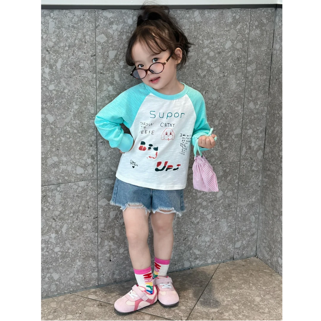 现货壹妈韩版童装女童早秋穿搭套装洋气儿童拼色印花t恤长袖短裤