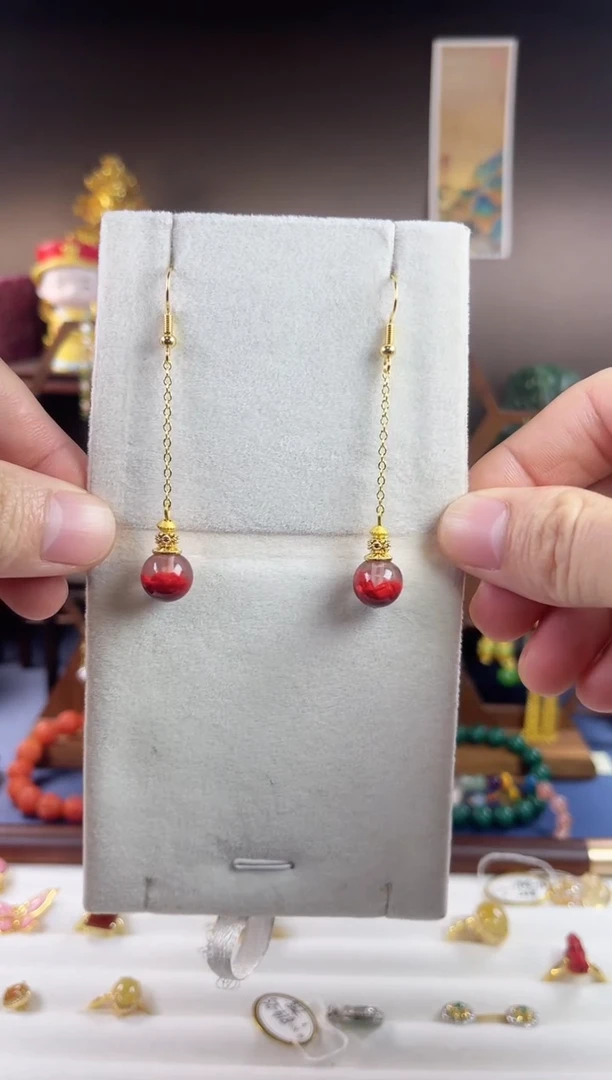 天然辰砂，822A-3子时归系列-半盆朱砂耳钩