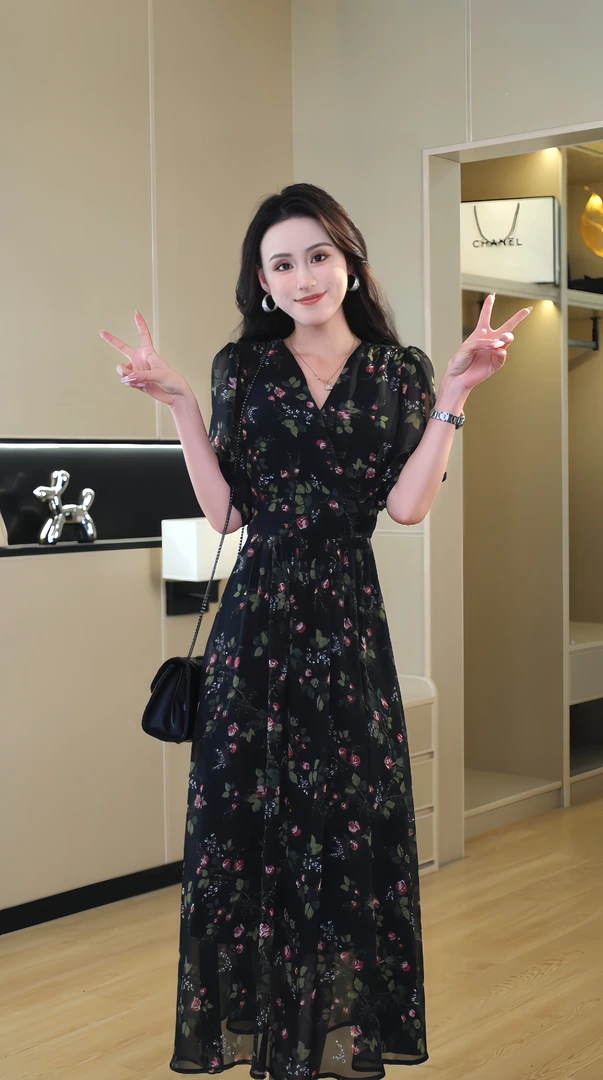 【暗夜玫瑰】2025夏季新款高腰法式碎花遮肉显瘦短袖连衣裙