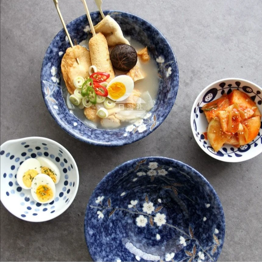 李子柒同款餐具 日本进口美浓烧盘子蓝底白樱汤碗面碗圆盘火锅盘