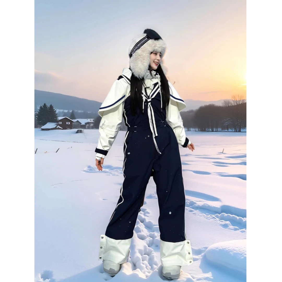 临典蓝色复古海军风滑雪服外套女2025新款户外防风加厚高颜值雪服