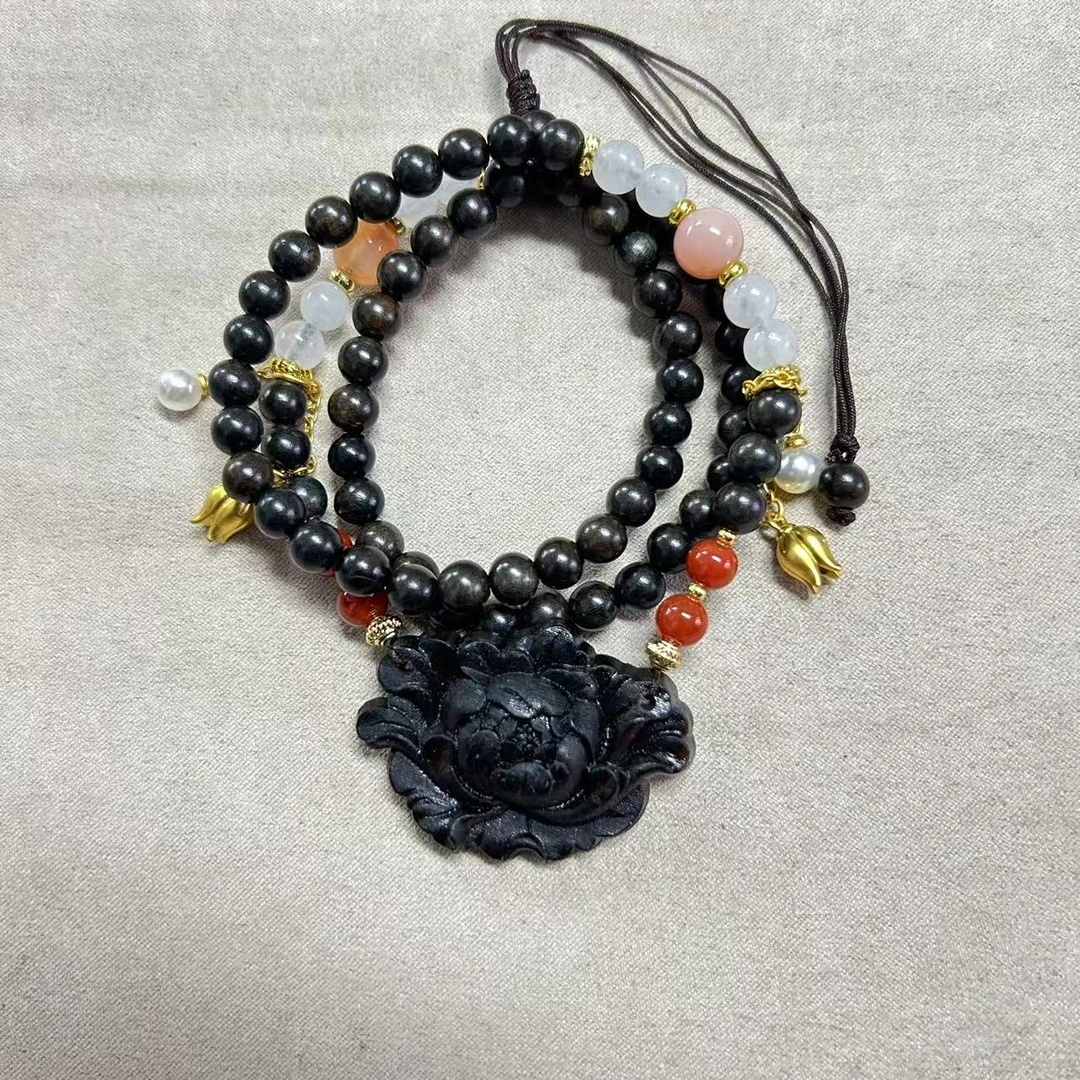 黑柿木牡丹花毛衣链一条