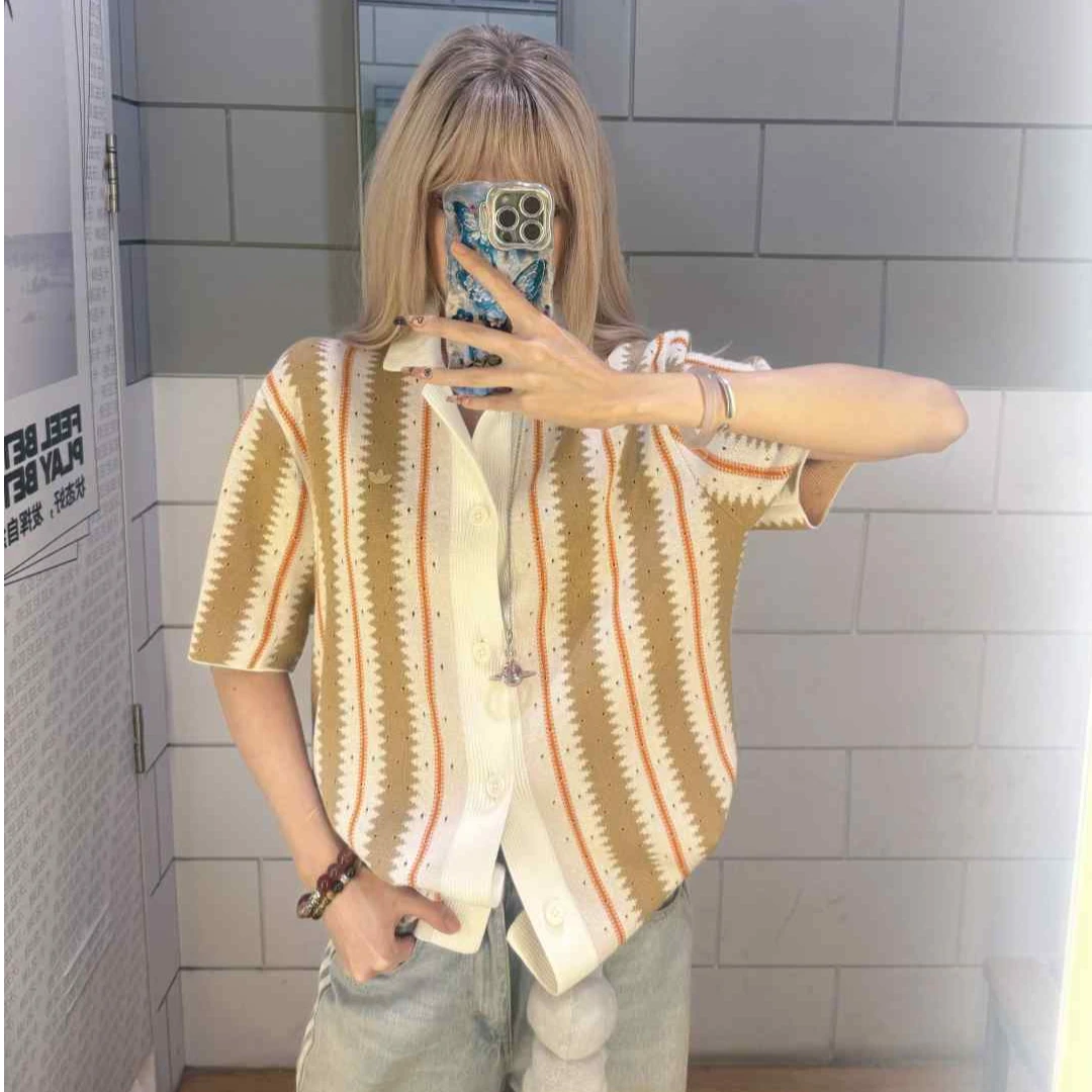 Adidas三叶草RESORT 休闲度假风宽松短袖翻领衬衫KE5834 KE5833