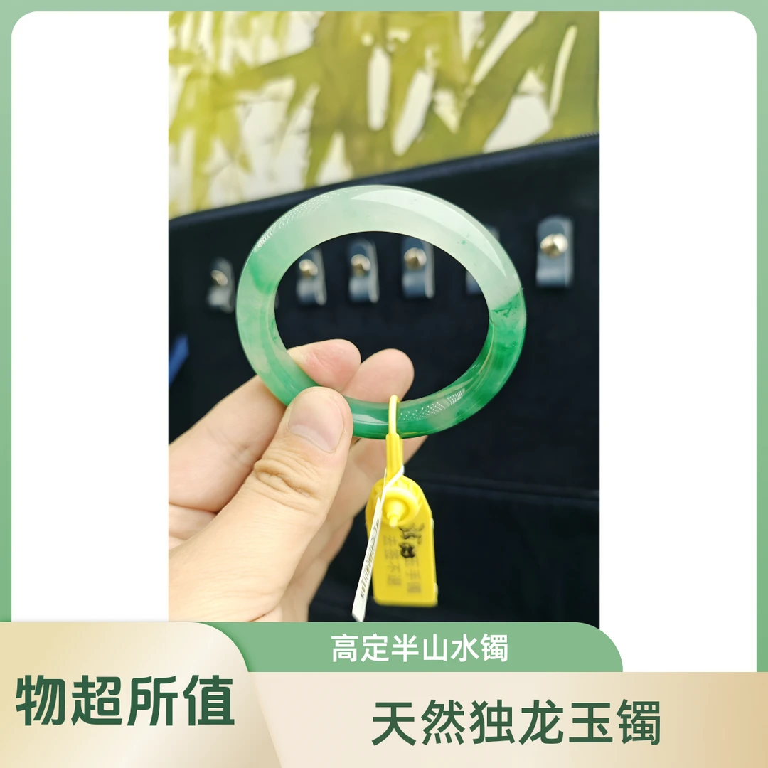 天然独龙玉手镯时尚绿色冰透飘绿平安镯高定款半山水手镯54-55