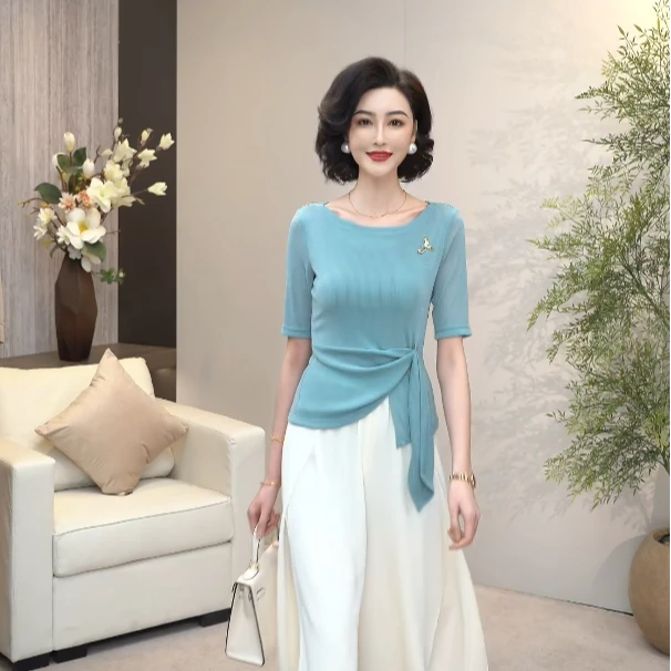 2025夏季高定流光丝高弹力一字领原创设计时尚短袖上衣WF6005