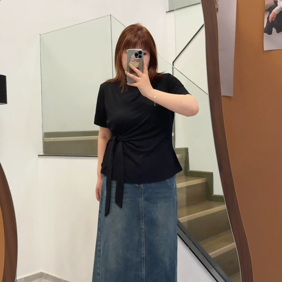 大码胖妹妹早秋新款显瘦简约气质不规则系带半高领短袖T恤