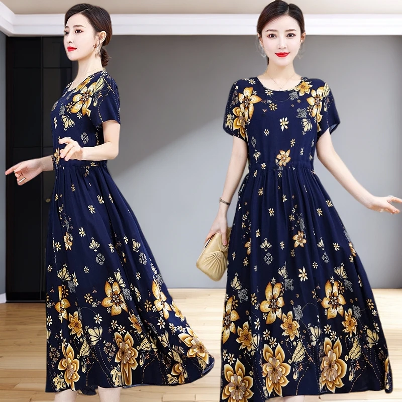 新款妈妈夏装短袖棉绸碎花裙中长款洋气中老年女长裙子高端四十岁