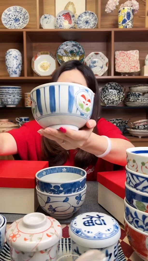 瓷片清秀染十草13cm井型饭碗