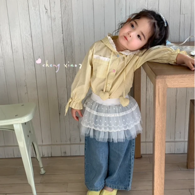 小7 25春条纹爱心衬衣外套带屁帘裤子儿童衬衫蕾丝春秋女童洋气