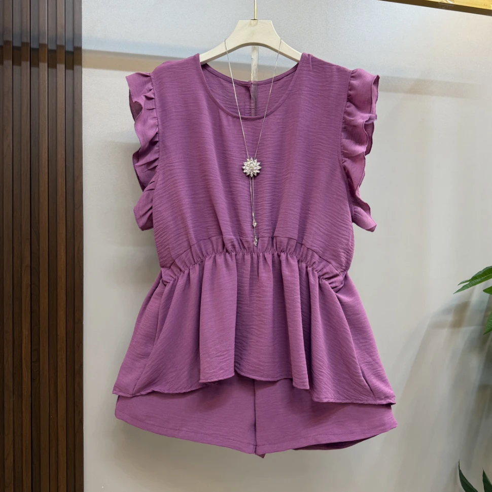 新款大码女装时尚洋气木耳花边松紧腰纯色遮肉上衣短裤套装