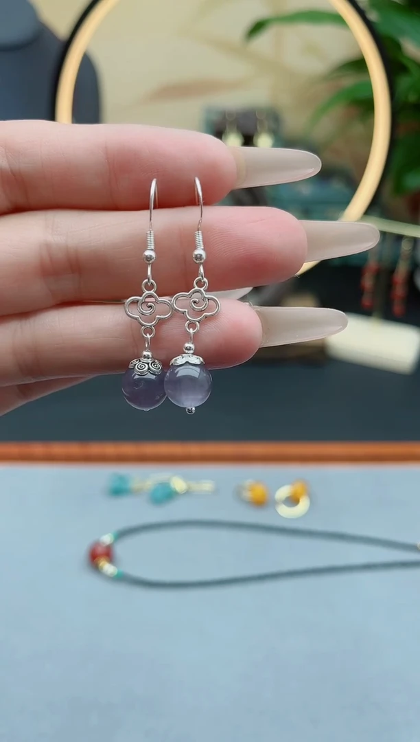 石英质玉银S925镶嵌耳饰391