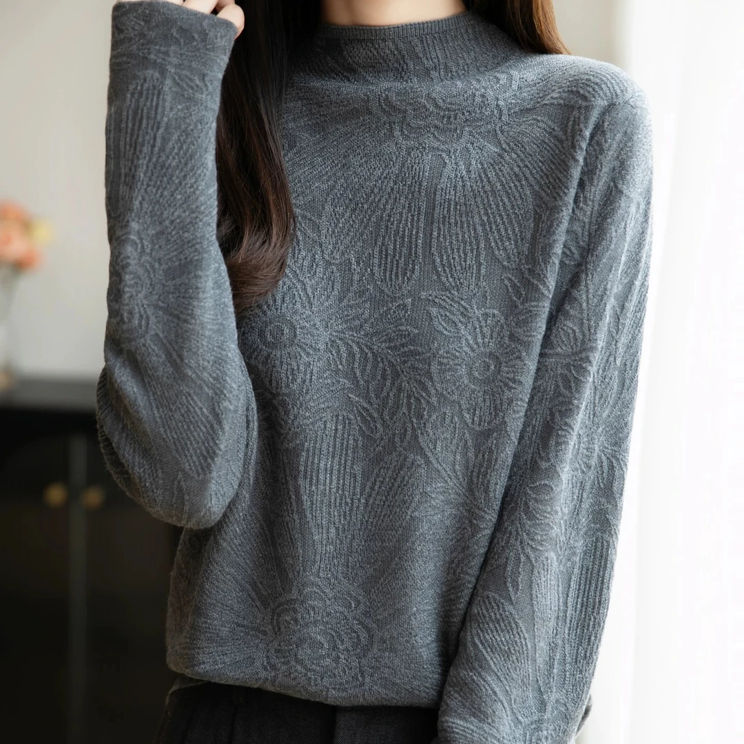 0012 祺欣家 韩版中领浮雕提花气质简约小众设计高级感针织打底衫