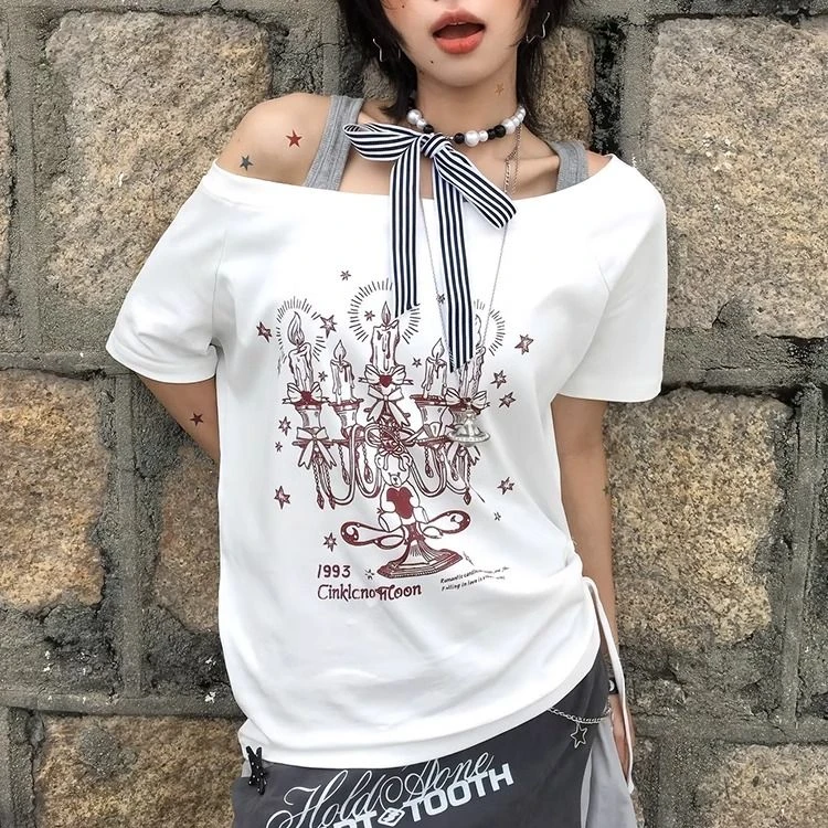 美式复古斜肩短袖t恤女夏季2025新款宽松显瘦印花小众设计感上衣