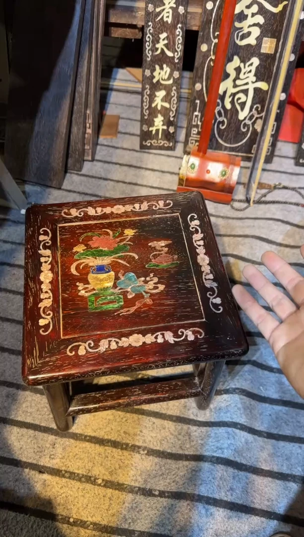 木紫檀富贵凳镶嵌彩贝花瓶花瓶  花瓶