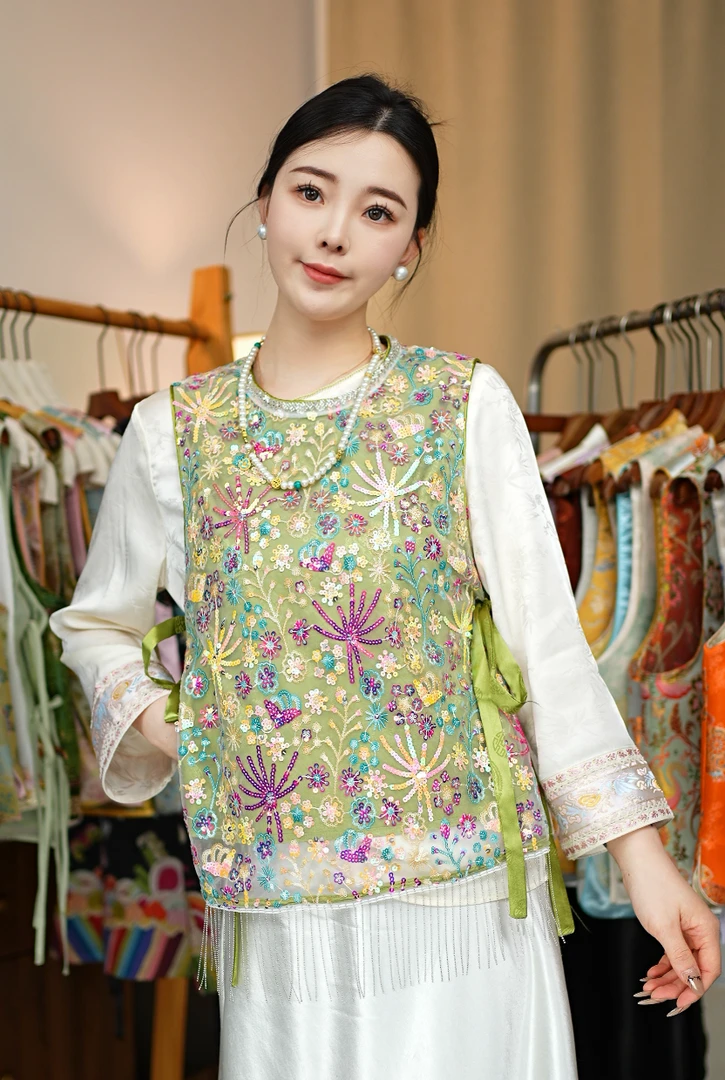 CHUNTIAN/李李国风【流苏万花筒】新中式欧根纱亮片时尚马甲