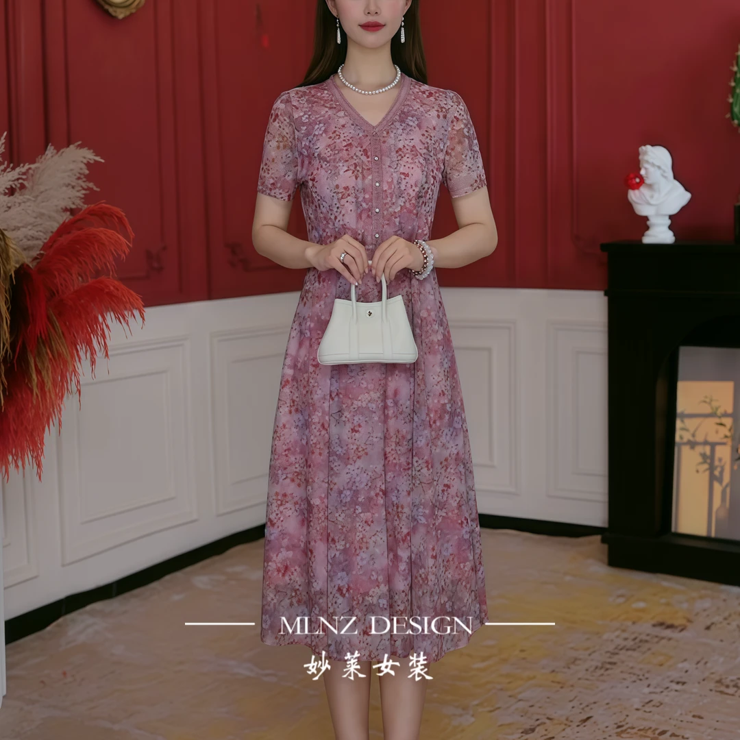 【妙莱 麦芽红】夏季新款台湾纱短袖碎花连衣裙优雅母亲衣服夏装