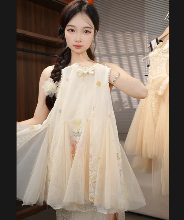 AYJ250351 女童刺绣蕾丝气质无袖公主连衣裙蓬蓬纱连衣裙