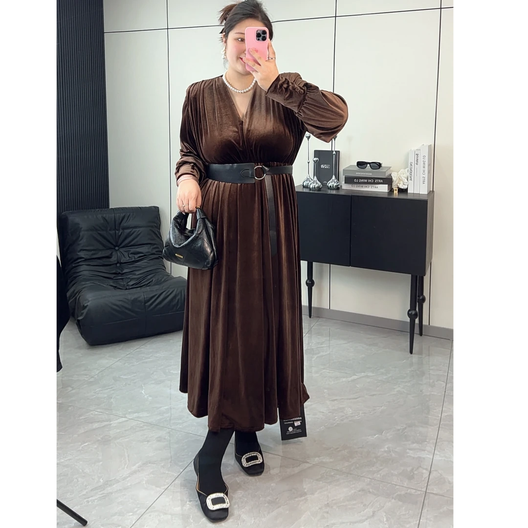 【嘎嘎推荐】复古丝绒v领丝绒连衣裙法式礼服裙子显瘦收腰a字长裙