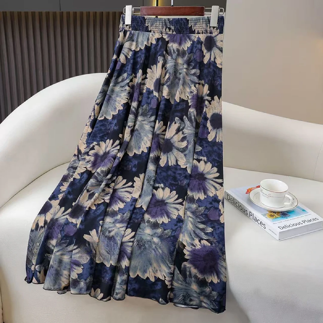 文艺复古碎花裙大码女装高腰显瘦半身裙女夏季A字裙中老年裙子
