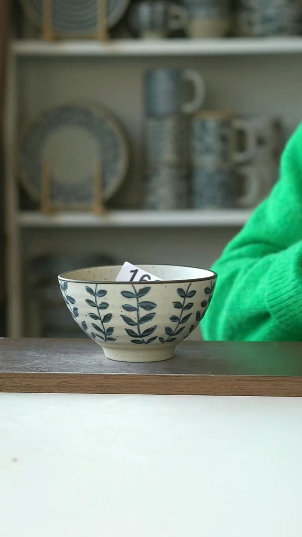 陶瑕166粗陶手绘藤蔓米饭碗12cm@7-7@不退换