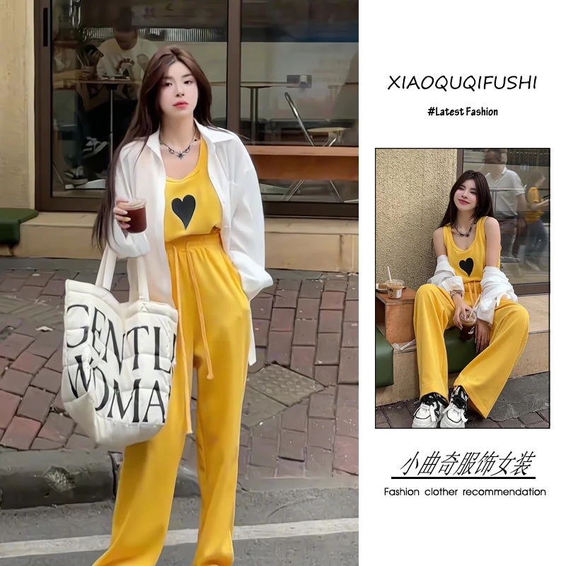 夏季一整套女装2025年新款韩系时尚百搭宽松衬衫背心阔腿裤三件套