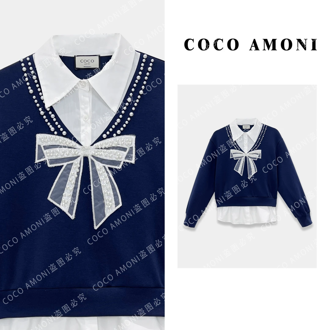 【加绒】秋冬新款高级感假两件拼接重工蝴蝶结百搭长袖卫衣AB871