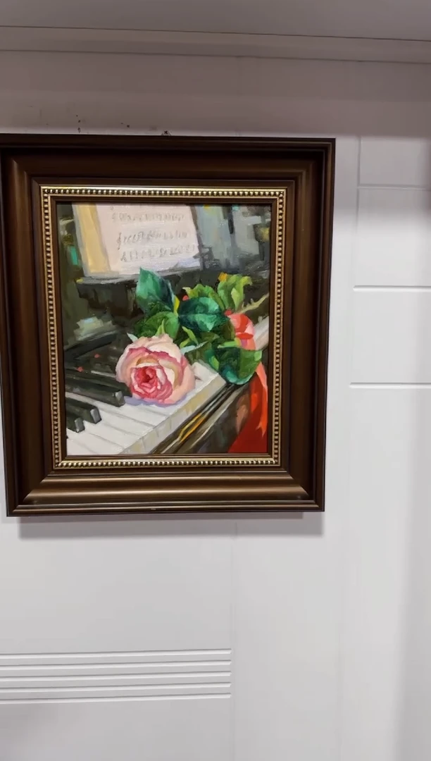 油画俄罗斯手绘油画作品《 优雅的玫瑰 》40x45cm 带外框