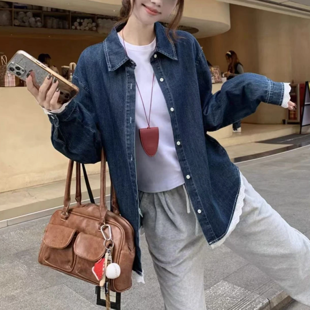 NICE圈圈、花边拼接牛仔衬衫港风复古牛仔衬衣A6855