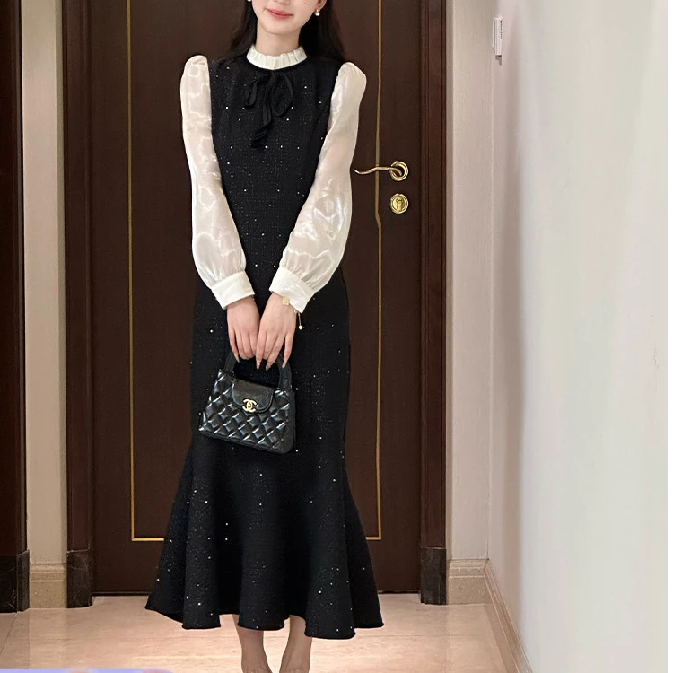 法式小香风连衣裙女重工长裙2024秋季新款显瘦鱼尾裙3190