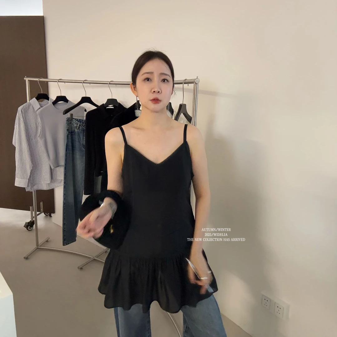 wideli陈姬儿时尚风气质吊带裙小众吊带连衣裙上衣拼接收腰7089