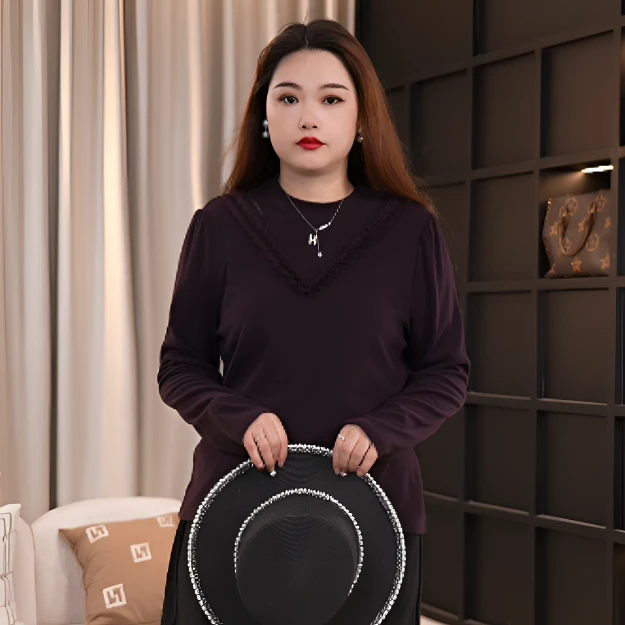 2025秋冬装显瘦大码女装时尚遮肚翻领洋气百搭长袖T恤14106