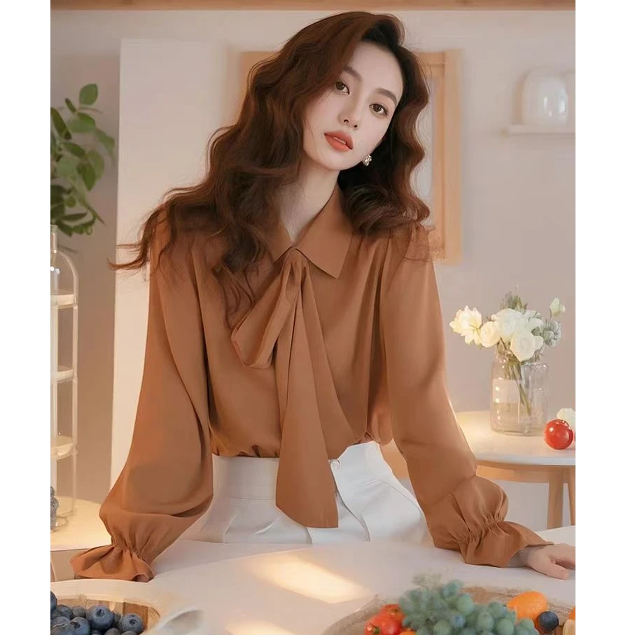 宫廷风橘色蝴蝶结衬衫女春职业独特漂亮小衫2025超火新款雪纺上衣