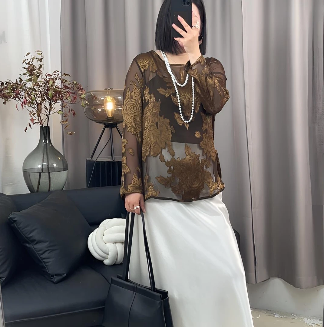 【芊兮柚】新款高级轻奢圆领复古重工提花宽松显瘦防晒衫时尚打底衫