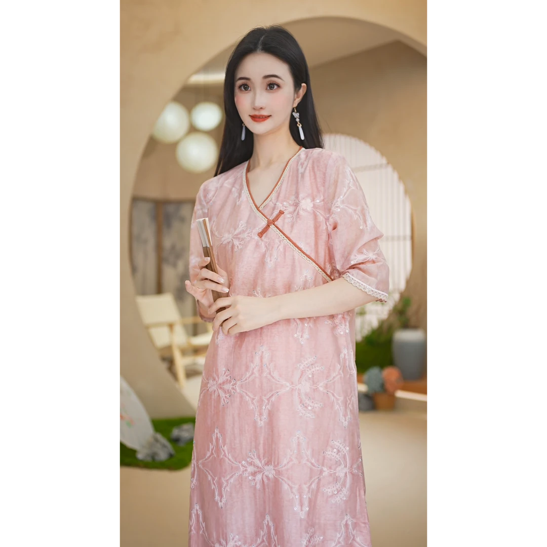 赠李白 莱赛尔天丝原创中国风显瘦旗袍七分袖连衣裙9035