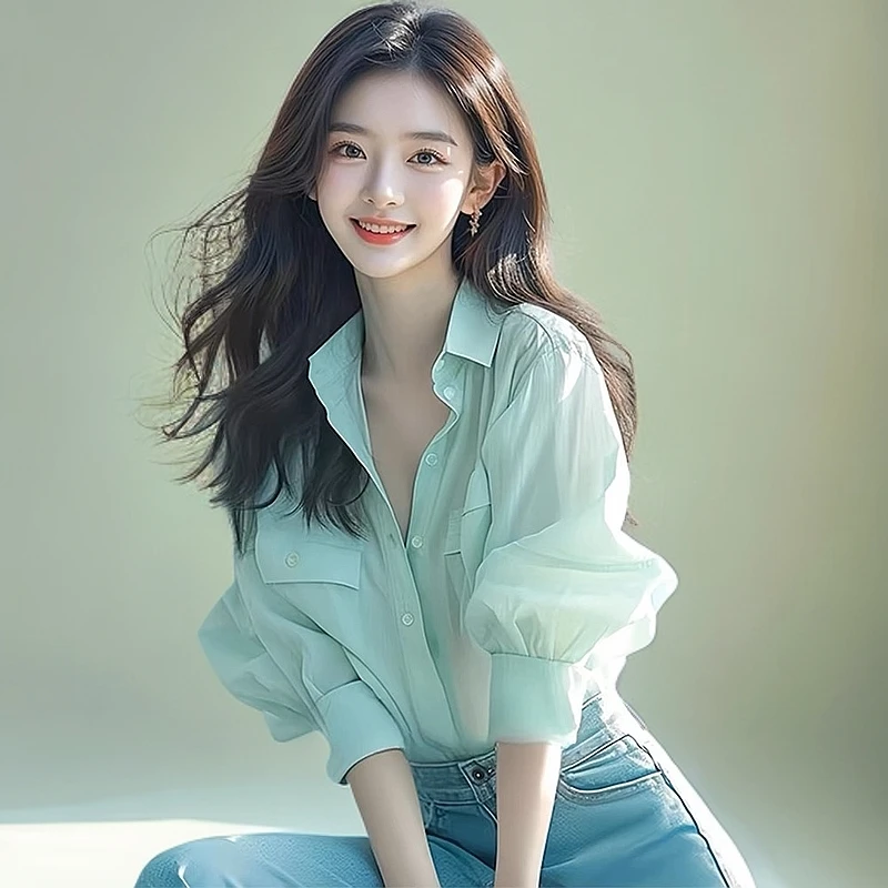 早秋季女款2025新款薄荷绿色泡泡袖防晒长袖衬衫小众不撞款上衣夏